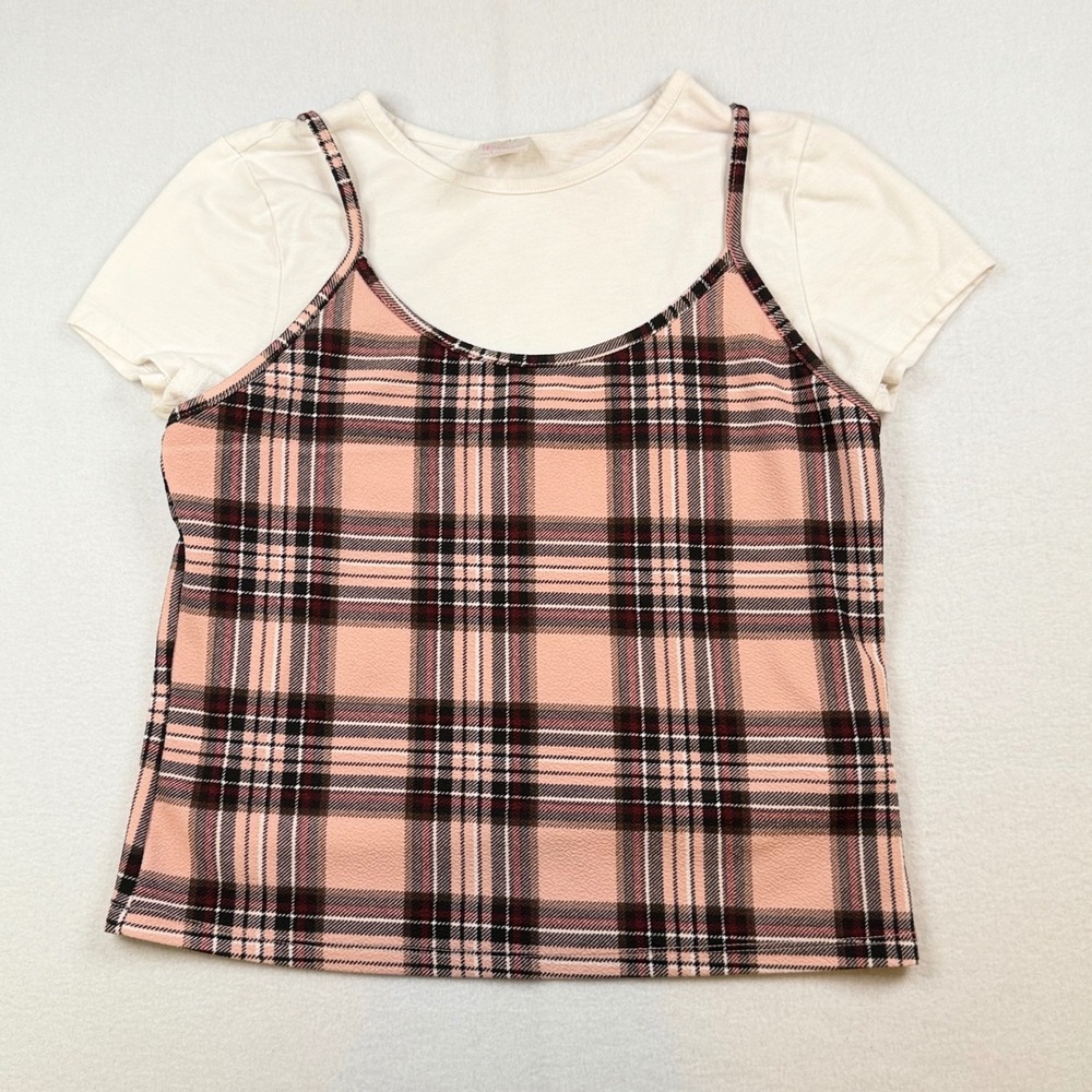 No Boundaries Womens Pink Plaid Layered Cami T-Shirt Top Large 11-13 Y2K Preppy